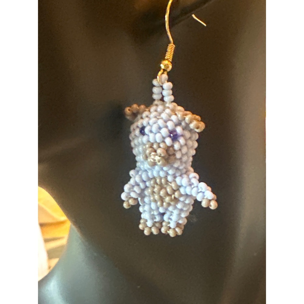 Handmade Beaded Teddy Bear Drop Earrings Light Blue Tan Seed Bead Whimsical